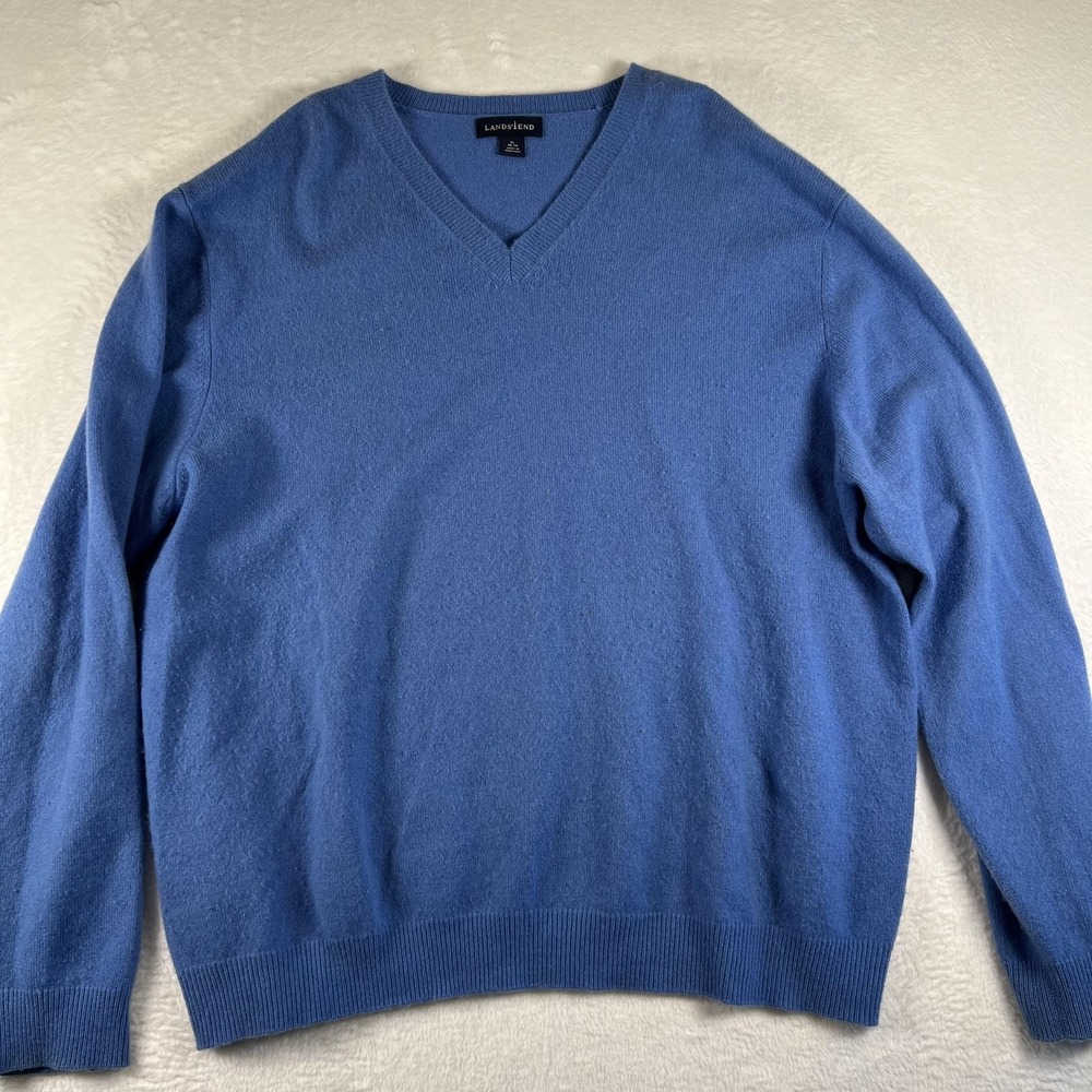 Lands End Sweater Mens XL Blue‎ 100% Cashmere V Neck Soft Knit Pullover